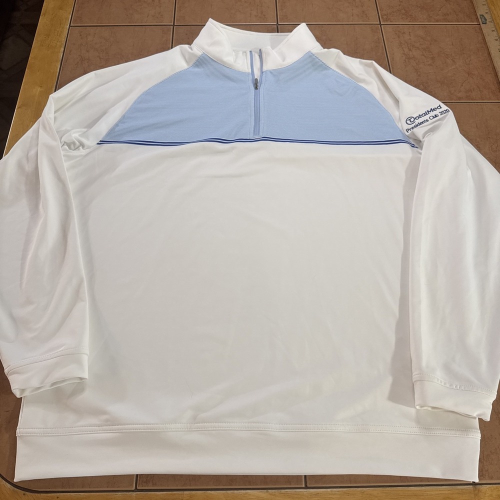 Peter Millar Men's Sz XL White/Light Blue Striped 1/4 Zip Pullover Sleeve Logo